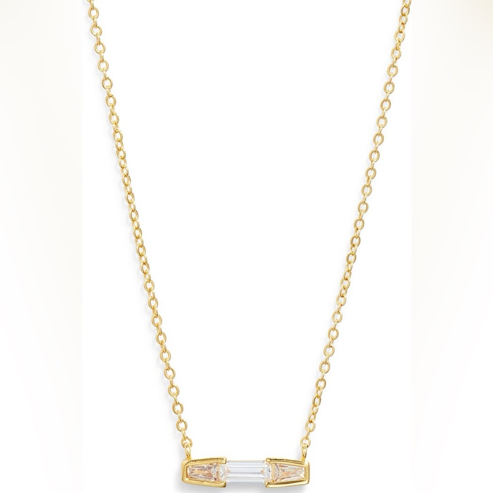 Nordstrom Cubic Zirconia Gold Bar Pendant Necklace 16” + 2” Extender NWT